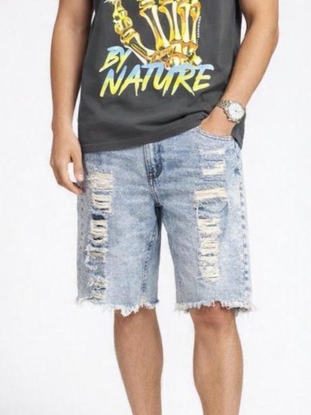 VIP Men's Light Blue Distressed Denim Shorts